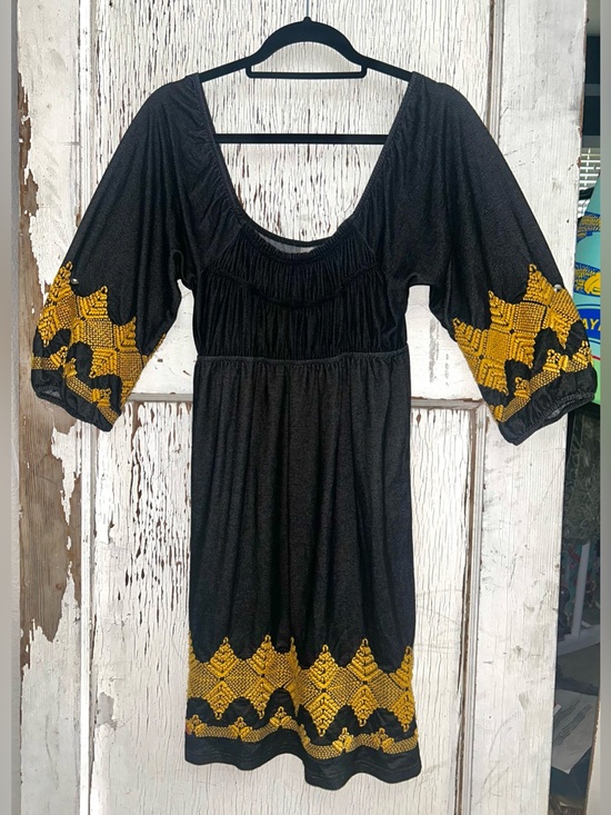 Uncle Frank Dresses & Skirts - Boho Black Uncle Frank Peasant-Style Mini with Gold Embroidered
